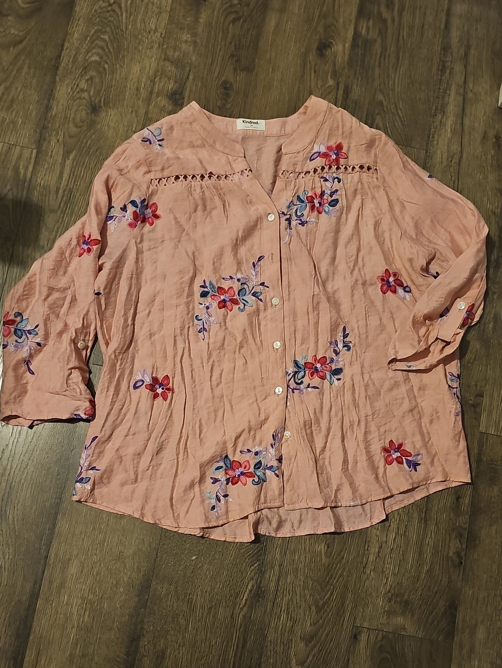 Embroidered Button-Up Blouse Kindred 2x Pink Orange Floral